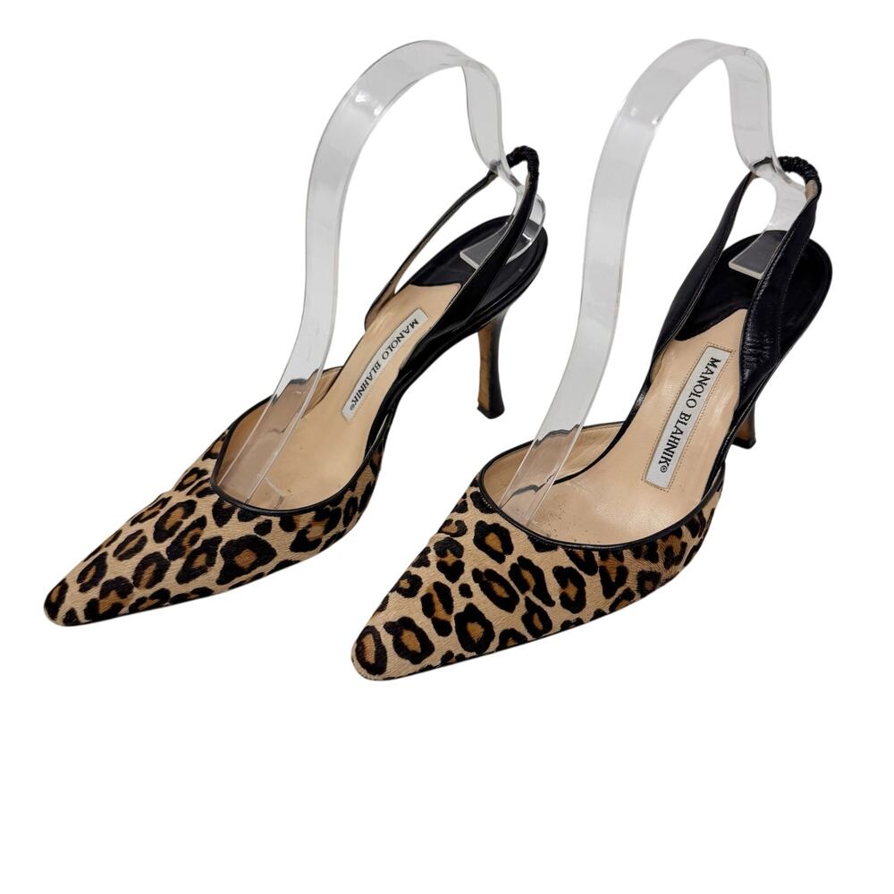 Manolo Blahnik Carolyne Leopard Calf Hair Slingback Pumps Size 38